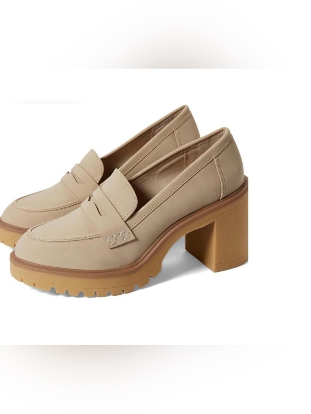 Dolce Vita Cream Loafer Pumps with Chunky Tan Heel